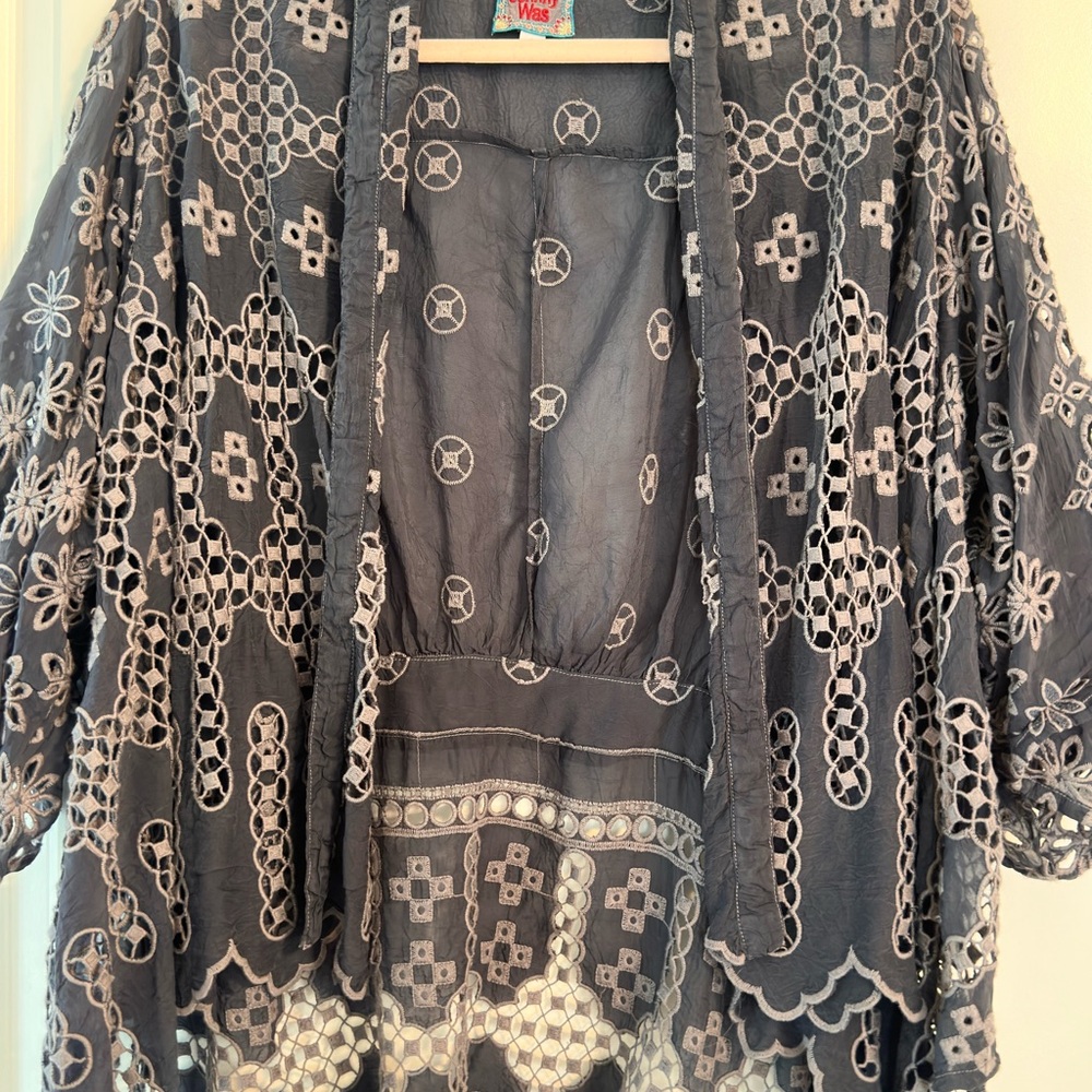 Johnny Was Boho Short Kimono - Charcoal color with light gray embroidery